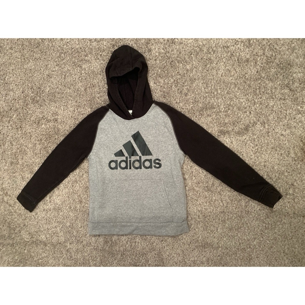 Adidas Hoodie Boys 14-16 Sweatshirt Black Gray Pullover